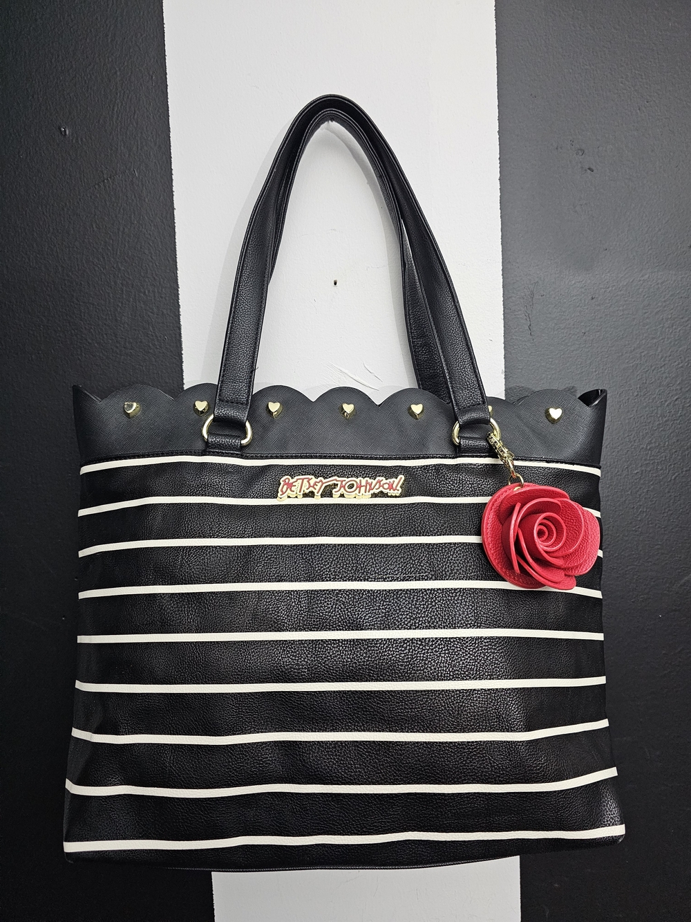 Betsey Johnson Black & White Striped Tote with Red Rose Charm